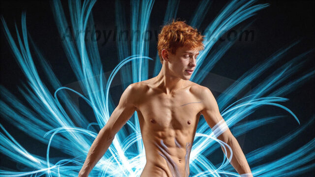 Abstract Male Art, AI photos of handsome shirtless men dancing with Light Rays, colorful art in motion. Guys dancing with radiant light rays that wrap around his body in flowing patterns, emphasizing his movements and adding a sense of ethereal fluidity. The designs appear weightless and almost sculptural, creates a striking contrast against the backgrounds making him the center of a cosmic dance, with energy and elegance. AI-generated abstract art HD photos featuring handsome, sexy, shirtless, men, boys, lads, dancing with colorful light rays, dynamic, interactive. Combining elements of realism with surreal abstract qualities, showcasing the potential of AI in artistic expression.