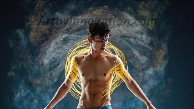 Abstract Male Art, AI photos of handsome shirtless men dancing with Light Rays, colorful art in motion. Guys dancing with radiant light rays that wrap around his body in flowing patterns, emphasizing his movements and adding a sense of ethereal fluidity. The designs appear weightless and almost sculptural, creates a striking contrast against the backgrounds making him the center of a cosmic dance, with energy and elegance. AI-generated abstract art HD photos featuring handsome, sexy, shirtless, men, boys, lads, dancing with colorful light rays, dynamic, interactive. Combining elements of realism with surreal abstract qualities, showcasing the potential of AI in artistic expression.