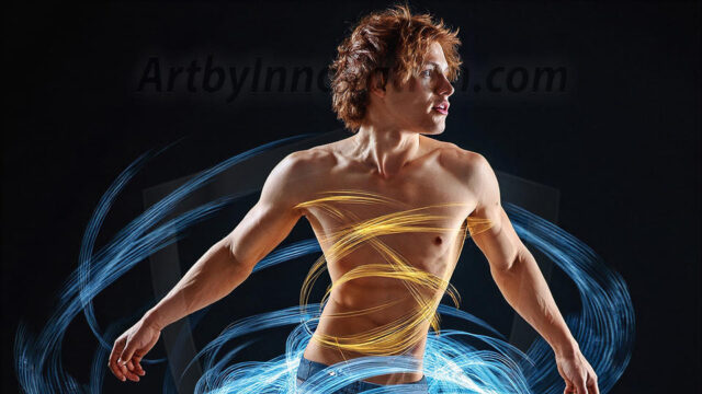Abstract Male Art, AI photos of handsome shirtless men dancing with Light Rays, colorful art in motion. Guys dancing with radiant light rays that wrap around his body in flowing patterns, emphasizing his movements and adding a sense of ethereal fluidity. The designs appear weightless and almost sculptural, creates a striking contrast against the backgrounds making him the center of a cosmic dance, with energy and elegance. AI-generated abstract art HD photos featuring handsome, sexy, shirtless, men, boys, lads, dancing with colorful light rays, dynamic, interactive. Combining elements of realism with surreal abstract qualities, showcasing the potential of AI in artistic expression.