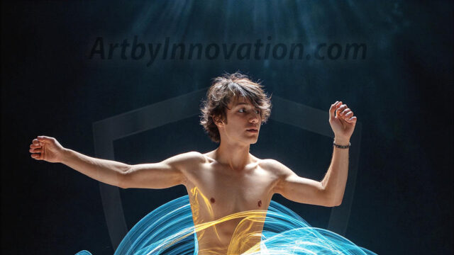 Abstract Male Art, AI photos of handsome shirtless men dancing with Light Rays, colorful art in motion. Guys dancing with radiant light rays that wrap around his body in flowing patterns, emphasizing his movements and adding a sense of ethereal fluidity. The designs appear weightless and almost sculptural, creates a striking contrast against the backgrounds making him the center of a cosmic dance, with energy and elegance. AI-generated abstract art HD photos featuring handsome, sexy, shirtless, men, boys, lads, dancing with colorful light rays, dynamic, interactive. Combining elements of realism with surreal abstract qualities, showcasing the potential of AI in artistic expression.
