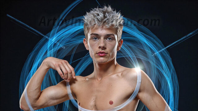 Abstract Male Art, AI photos of handsome shirtless men dancing with Light Rays, colorful art in motion. Guys dancing with radiant light rays that wrap around his body in flowing patterns, emphasizing his movements and adding a sense of ethereal fluidity. The designs appear weightless and almost sculptural, creates a striking contrast against the backgrounds making him the center of a cosmic dance, with energy and elegance. AI-generated abstract art HD photos featuring handsome, sexy, shirtless, men, boys, lads, dancing with colorful light rays, dynamic, interactive. Combining elements of realism with surreal abstract qualities, showcasing the potential of AI in artistic expression.