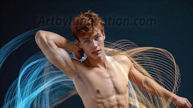 Abstract Male Art, AI photos of handsome shirtless men dancing with Light Rays, colorful art in motion. Guys dancing with radiant light rays that wrap around his body in flowing patterns, emphasizing his movements and adding a sense of ethereal fluidity. The designs appear weightless and almost sculptural, creates a striking contrast against the backgrounds making him the center of a cosmic dance, with energy and elegance. AI-generated abstract art HD photos featuring handsome, sexy, shirtless, men, boys, lads, dancing with colorful light rays, dynamic, interactive. Combining elements of realism with surreal abstract qualities, showcasing the potential of AI in artistic expression.