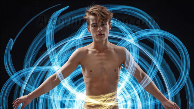 Abstract Male Art, AI photos of handsome shirtless men dancing with Light Rays, colorful art in motion. Guys dancing with radiant light rays that wrap around his body in flowing patterns, emphasizing his movements and adding a sense of ethereal fluidity. The designs appear weightless and almost sculptural, creates a striking contrast against the backgrounds making him the center of a cosmic dance, with energy and elegance. AI-generated abstract art HD photos featuring handsome, sexy, shirtless, men, boys, lads, dancing with colorful light rays, dynamic, interactive. Combining elements of realism with surreal abstract qualities, showcasing the potential of AI in artistic expression.