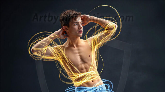 Abstract Male Art, AI photos of handsome shirtless men dancing with Light Rays, colorful art in motion. Guys dancing with radiant light rays that wrap around his body in flowing patterns, emphasizing his movements and adding a sense of ethereal fluidity. The designs appear weightless and almost sculptural, creates a striking contrast against the backgrounds making him the center of a cosmic dance, with energy and elegance. AI-generated abstract art HD photos featuring handsome, sexy, shirtless, men, boys, lads, dancing with colorful light rays, dynamic, interactive. Combining elements of realism with surreal abstract qualities, showcasing the potential of AI in artistic expression.