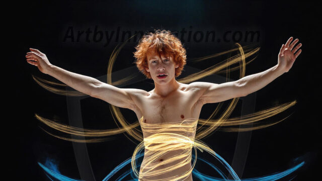 Abstract Male Art, AI photos of handsome shirtless men dancing with Light Rays, colorful art in motion. Guys dancing with radiant light rays that wrap around his body in flowing patterns, emphasizing his movements and adding a sense of ethereal fluidity. The designs appear weightless and almost sculptural, creates a striking contrast against the backgrounds making him the center of a cosmic dance, with energy and elegance. AI-generated abstract art HD photos featuring handsome, sexy, shirtless, men, boys, lads, dancing with colorful light rays, dynamic, interactive. Combining elements of realism with surreal abstract qualities, showcasing the potential of AI in artistic expression.