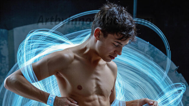 Abstract Male Art, AI photos of handsome shirtless men dancing with Light Rays, colorful art in motion. Guys dancing with radiant light rays that wrap around his body in flowing patterns, emphasizing his movements and adding a sense of ethereal fluidity. The designs appear weightless and almost sculptural, creates a striking contrast against the backgrounds making him the center of a cosmic dance, with energy and elegance. AI-generated abstract art HD photos featuring handsome, sexy, shirtless, men, boys, lads, dancing with colorful light rays, dynamic, interactive. Combining elements of realism with surreal abstract qualities, showcasing the potential of AI in artistic expression.