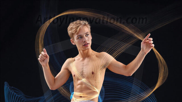 Abstract Male Art, AI photos of handsome shirtless men dancing with Light Rays, colorful art in motion. Guys dancing with radiant light rays that wrap around his body in flowing patterns, emphasizing his movements and adding a sense of ethereal fluidity. The designs appear weightless and almost sculptural, creates a striking contrast against the backgrounds making him the center of a cosmic dance, with energy and elegance. AI-generated abstract art HD photos featuring handsome, sexy, shirtless, men, boys, lads, dancing with colorful light rays, dynamic, interactive. Combining elements of realism with surreal abstract qualities, showcasing the potential of AI in artistic expression.
