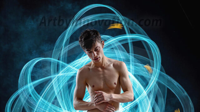 Abstract Male Art, AI photos of handsome shirtless men dancing with Light Rays, colorful art in motion. Guys dancing with radiant light rays that wrap around his body in flowing patterns, emphasizing his movements and adding a sense of ethereal fluidity. The designs appear weightless and almost sculptural, creates a striking contrast against the backgrounds making him the center of a cosmic dance, with energy and elegance. AI-generated abstract art HD photos featuring handsome, sexy, shirtless, men, boys, lads, dancing with colorful light rays, dynamic, interactive. Combining elements of realism with surreal abstract qualities, showcasing the potential of AI in artistic expression.