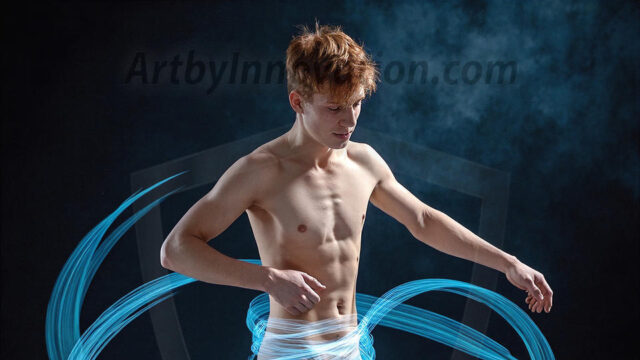 Abstract Male Art, AI photos of handsome shirtless men dancing with Light Rays, colorful art in motion. Guys dancing with radiant light rays that wrap around his body in flowing patterns, emphasizing his movements and adding a sense of ethereal fluidity. The designs appear weightless and almost sculptural, creates a striking contrast against the backgrounds making him the center of a cosmic dance, with energy and elegance. AI-generated abstract art HD photos featuring handsome, sexy, shirtless, men, boys, lads, dancing with colorful light rays, dynamic, interactive. Combining elements of realism with surreal abstract qualities, showcasing the potential of AI in artistic expression.