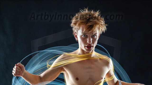 Abstract Male Art, AI photos of handsome shirtless men dancing with Light Rays, colorful art in motion. Guys dancing with radiant light rays that wrap around his body in flowing patterns, emphasizing his movements and adding a sense of ethereal fluidity. The designs appear weightless and almost sculptural, creates a striking contrast against the backgrounds making him the center of a cosmic dance, with energy and elegance. AI-generated abstract art HD photos featuring handsome, sexy, shirtless, men, boys, lads, dancing with colorful light rays, dynamic, interactive. Combining elements of realism with surreal abstract qualities, showcasing the potential of AI in artistic expression.