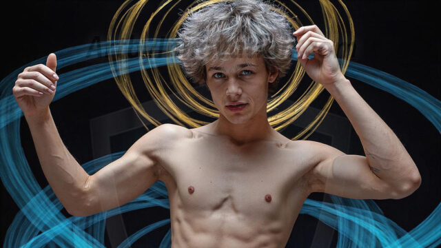 Abstract Male Art, AI photos of handsome shirtless men dancing with Light Rays, colorful art in motion. Guys dancing with radiant light rays that wrap around his body in flowing patterns, emphasizing his movements and adding a sense of ethereal fluidity. The designs appear weightless and almost sculptural, creates a striking contrast against the backgrounds making him the center of a cosmic dance, with energy and elegance. AI-generated abstract art HD photos featuring handsome, sexy, shirtless, men, boys, lads, dancing with colorful light rays, dynamic, interactive. Combining elements of realism with surreal abstract qualities, showcasing the potential of AI in artistic expression.