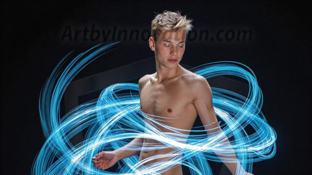 Abstract Male Art, AI photos of handsome shirtless men dancing with Light Rays, colorful art in motion. Guys dancing with radiant light rays that wrap around his body in flowing patterns, emphasizing his movements and adding a sense of ethereal fluidity. The designs appear weightless and almost sculptural, creates a striking contrast against the backgrounds making him the center of a cosmic dance, with energy and elegance. AI-generated abstract art HD photos featuring handsome, sexy, shirtless, men, boys, lads, dancing with colorful light rays, dynamic, interactive. Combining elements of realism with surreal abstract qualities, showcasing the potential of AI in artistic expression.
