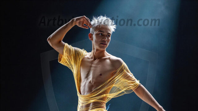 Abstract Male Art, AI photos of handsome shirtless men dancing with Light Rays, colorful art in motion. Guys dancing with radiant light rays that wrap around his body in flowing patterns, emphasizing his movements and adding a sense of ethereal fluidity. The designs appear weightless and almost sculptural, creates a striking contrast against the backgrounds making him the center of a cosmic dance, with energy and elegance. AI-generated abstract art HD photos featuring handsome, sexy, shirtless, men, boys, lads, dancing with colorful light rays, dynamic, interactive. Combining elements of realism with surreal abstract qualities, showcasing the potential of AI in artistic expression.