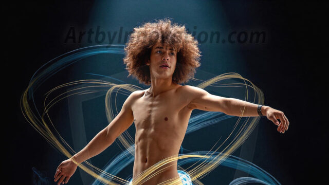 Abstract Male Art, AI photos of handsome shirtless men dancing with Light Rays, colorful art in motion. Guys dancing with radiant light rays that wrap around his body in flowing patterns, emphasizing his movements and adding a sense of ethereal fluidity. The designs appear weightless and almost sculptural, creates a striking contrast against the backgrounds making him the center of a cosmic dance, with energy and elegance. AI-generated abstract art HD photos featuring handsome, sexy, shirtless, men, boys, lads, dancing with colorful light rays, dynamic, interactive. Combining elements of realism with surreal abstract qualities, showcasing the potential of AI in artistic expression.
