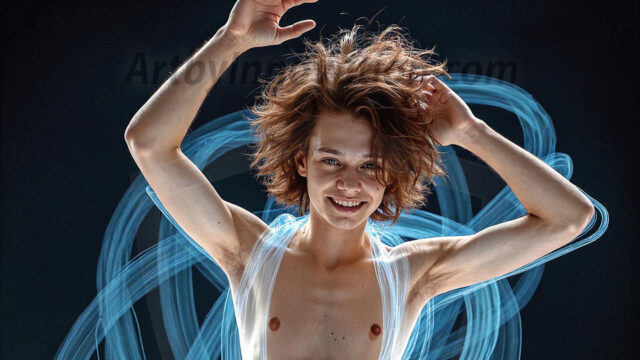 Abstract Male Art, AI photos of handsome shirtless men dancing with Light Rays, colorful art in motion. Guys dancing with radiant light rays that wrap around his body in flowing patterns, emphasizing his movements and adding a sense of ethereal fluidity. The designs appear weightless and almost sculptural, creates a striking contrast against the backgrounds making him the center of a cosmic dance, with energy and elegance. AI-generated abstract art HD photos featuring handsome, sexy, shirtless, men, boys, lads, dancing with colorful light rays, dynamic, interactive. Combining elements of realism with surreal abstract qualities, showcasing the potential of AI in artistic expression.