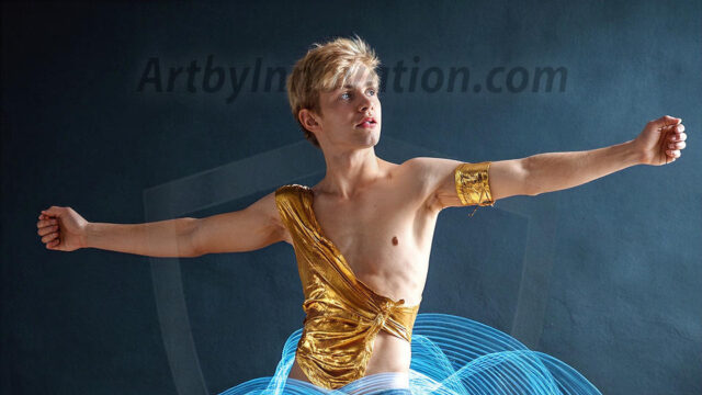 Abstract Male Art, AI photos of handsome shirtless men dancing with Light Rays, colorful art in motion. Guys dancing with radiant light rays that wrap around his body in flowing patterns, emphasizing his movements and adding a sense of ethereal fluidity. The designs appear weightless and almost sculptural, creates a striking contrast against the backgrounds making him the center of a cosmic dance, with energy and elegance. AI-generated abstract art HD photos featuring handsome, sexy, shirtless, men, boys, lads, dancing with colorful light rays, dynamic, interactive. Combining elements of realism with surreal abstract qualities, showcasing the potential of AI in artistic expression.