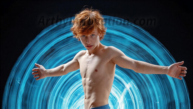 Abstract Male Art, AI photos of handsome shirtless men dancing with Light Rays, colorful art in motion. Guys dancing with radiant light rays that wrap around his body in flowing patterns, emphasizing his movements and adding a sense of ethereal fluidity. The designs appear weightless and almost sculptural, creates a striking contrast against the backgrounds making him the center of a cosmic dance, with energy and elegance. AI-generated abstract art HD photos featuring handsome, sexy, shirtless, men, boys, lads, dancing with colorful light rays, dynamic, interactive. Combining elements of realism with surreal abstract qualities, showcasing the potential of AI in artistic expression.