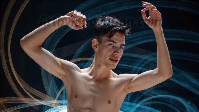 Abstract Male Art, AI photos of handsome shirtless men dancing with Light Rays, colorful art in motion. Guys dancing with radiant light rays that wrap around his body in flowing patterns, emphasizing his movements and adding a sense of ethereal fluidity. The designs appear weightless and almost sculptural, creates a striking contrast against the backgrounds making him the center of a cosmic dance, with energy and elegance. AI-generated abstract art HD photos featuring handsome, sexy, shirtless, men, boys, lads, dancing with colorful light rays, dynamic, interactive. Combining elements of realism with surreal abstract qualities, showcasing the potential of AI in artistic expression.