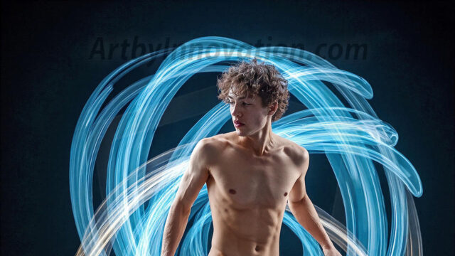 Abstract Male Art, AI photos of handsome shirtless men dancing with Light Rays, colorful art in motion. Guys dancing with radiant light rays that wrap around his body in flowing patterns, emphasizing his movements and adding a sense of ethereal fluidity. The designs appear weightless and almost sculptural, creates a striking contrast against the backgrounds making him the center of a cosmic dance, with energy and elegance. AI-generated abstract art HD photos featuring handsome, sexy, shirtless, men, boys, lads, dancing with colorful light rays, dynamic, interactive. Combining elements of realism with surreal abstract qualities, showcasing the potential of AI in artistic expression.
