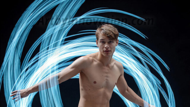 Abstract Male Art, AI photos of handsome shirtless men dancing with Light Rays, colorful art in motion. Guys dancing with radiant light rays that wrap around his body in flowing patterns, emphasizing his movements and adding a sense of ethereal fluidity. The designs appear weightless and almost sculptural, creates a striking contrast against the backgrounds making him the center of a cosmic dance, with energy and elegance. AI-generated abstract art HD photos featuring handsome, sexy, shirtless, men, boys, lads, dancing with colorful light rays, dynamic, interactive. Combining elements of realism with surreal abstract qualities, showcasing the potential of AI in artistic expression.
