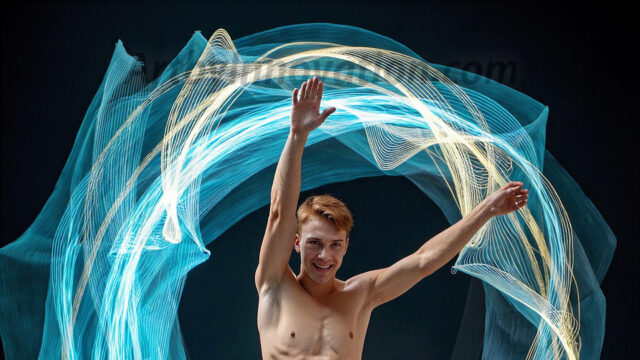 Abstract Male Art, AI photos of handsome shirtless men dancing with Light Rays, colorful art in motion. Guys dancing with radiant light rays that wrap around his body in flowing patterns, emphasizing his movements and adding a sense of ethereal fluidity. The designs appear weightless and almost sculptural, creates a striking contrast against the backgrounds making him the center of a cosmic dance, with energy and elegance. AI-generated abstract art HD photos featuring handsome, sexy, shirtless, men, boys, lads, dancing with colorful light rays, dynamic, interactive. Combining elements of realism with surreal abstract qualities, showcasing the potential of AI in artistic expression.