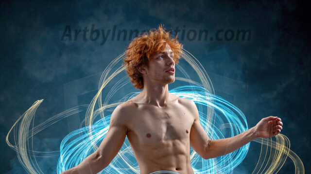 Abstract Male Art, AI photos of handsome shirtless men dancing with Light Rays, colorful art in motion. Guys dancing with radiant light rays that wrap around his body in flowing patterns, emphasizing his movements and adding a sense of ethereal fluidity. The designs appear weightless and almost sculptural, creates a striking contrast against the backgrounds making him the center of a cosmic dance, with energy and elegance. AI-generated abstract art HD photos featuring handsome, sexy, shirtless, men, boys, lads, dancing with colorful light rays, dynamic, interactive. Combining elements of realism with surreal abstract qualities, showcasing the potential of AI in artistic expression.