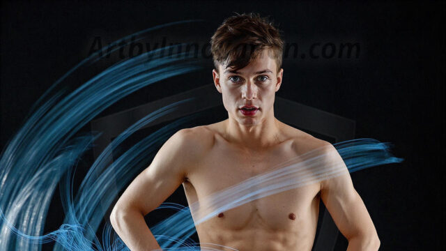 Abstract Male Art, AI photos of handsome shirtless men dancing with Light Rays, colorful art in motion. Guys dancing with radiant light rays that wrap around his body in flowing patterns, emphasizing his movements and adding a sense of ethereal fluidity. The designs appear weightless and almost sculptural, creates a striking contrast against the backgrounds making him the center of a cosmic dance, with energy and elegance. AI-generated abstract art HD photos featuring handsome, sexy, shirtless, men, boys, lads, dancing with colorful light rays, dynamic, interactive. Combining elements of realism with surreal abstract qualities, showcasing the potential of AI in artistic expression.