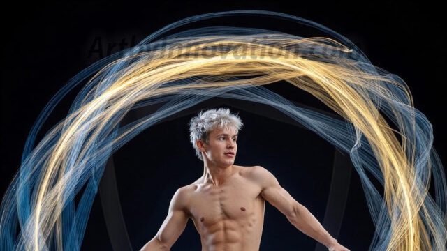 Abstract Male Art, AI photos of handsome shirtless men dancing with Light Rays, colorful art in motion. Guys dancing with radiant light rays that wrap around his body in flowing patterns, emphasizing his movements and adding a sense of ethereal fluidity. The designs appear weightless and almost sculptural, creates a striking contrast against the backgrounds making him the center of a cosmic dance, with energy and elegance. AI-generated abstract art HD photos featuring handsome, sexy, shirtless, men, boys, lads, dancing with colorful light rays, dynamic, interactive. Combining elements of realism with surreal abstract qualities, showcasing the potential of AI in artistic expression.