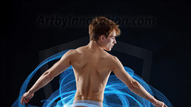 Abstract Male Art, AI photos of handsome shirtless men dancing with Light Rays, colorful art in motion. Guys dancing with radiant light rays that wrap around his body in flowing patterns, emphasizing his movements and adding a sense of ethereal fluidity. The designs appear weightless and almost sculptural, creates a striking contrast against the backgrounds making him the center of a cosmic dance, with energy and elegance. AI-generated abstract art HD photos featuring handsome, sexy, shirtless, men, boys, lads, dancing with colorful light rays, dynamic, interactive. Combining elements of realism with surreal abstract qualities, showcasing the potential of AI in artistic expression.