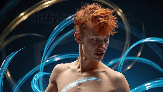 Abstract Male Art, AI photos of handsome shirtless men dancing with Light Rays, colorful art in motion. Guys dancing with radiant light rays that wrap around his body in flowing patterns, emphasizing his movements and adding a sense of ethereal fluidity. The designs appear weightless and almost sculptural, creates a striking contrast against the backgrounds making him the center of a cosmic dance, with energy and elegance. AI-generated abstract art HD photos featuring handsome, sexy, shirtless, men, boys, lads, dancing with colorful light rays, dynamic, interactive. Combining elements of realism with surreal abstract qualities, showcasing the potential of AI in artistic expression.