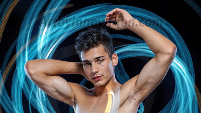 Abstract Male Art, AI photos of handsome shirtless men dancing with Light Rays, colorful art in motion. Guys dancing with radiant light rays that wrap around his body in flowing patterns, emphasizing his movements and adding a sense of ethereal fluidity. The designs appear weightless and almost sculptural, creates a striking contrast against the backgrounds making him the center of a cosmic dance, with energy and elegance. AI-generated abstract art HD photos featuring handsome, sexy, shirtless, men, boys, lads, dancing with colorful light rays, dynamic, interactive. Combining elements of realism with surreal abstract qualities, showcasing the potential of AI in artistic expression.