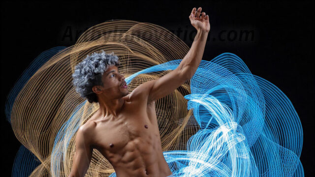Abstract Male Art, AI photos of handsome shirtless men dancing with Light Rays, colorful art in motion. Guys dancing with radiant light rays that wrap around his body in flowing patterns, emphasizing his movements and adding a sense of ethereal fluidity. The designs appear weightless and almost sculptural, creates a striking contrast against the backgrounds making him the center of a cosmic dance, with energy and elegance. AI-generated abstract art HD photos featuring handsome, sexy, shirtless, men, boys, lads, dancing with colorful light rays, dynamic, interactive. Combining elements of realism with surreal abstract qualities, showcasing the potential of AI in artistic expression.