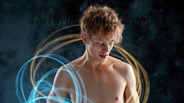 Abstract Male Art, AI photos of handsome shirtless men dancing with Light Rays, colorful art in motion. Guys dancing with radiant light rays that wrap around his body in flowing patterns, emphasizing his movements and adding a sense of ethereal fluidity. The designs appear weightless and almost sculptural, creates a striking contrast against the backgrounds making him the center of a cosmic dance, with energy and elegance. AI-generated abstract art HD photos featuring handsome, sexy, shirtless, men, boys, lads, dancing with colorful light rays, dynamic, interactive. Combining elements of realism with surreal abstract qualities, showcasing the potential of AI in artistic expression.