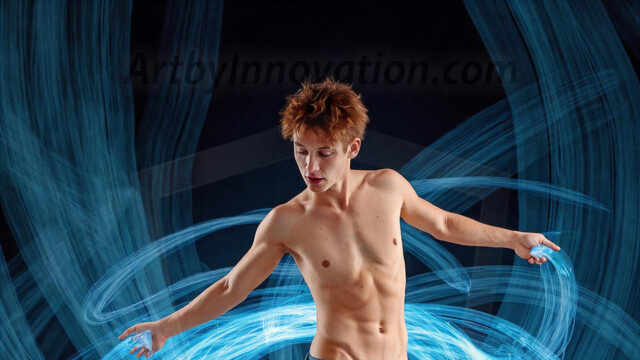 Abstract Male Art, AI photos of handsome shirtless men dancing with Light Rays, colorful art in motion. Guys dancing with radiant light rays that wrap around his body in flowing patterns, emphasizing his movements and adding a sense of ethereal fluidity. The designs appear weightless and almost sculptural, creates a striking contrast against the backgrounds making him the center of a cosmic dance, with energy and elegance. AI-generated abstract art HD photos featuring handsome, sexy, shirtless, men, boys, lads, dancing with colorful light rays, dynamic, interactive. Combining elements of realism with surreal abstract qualities, showcasing the potential of AI in artistic expression.