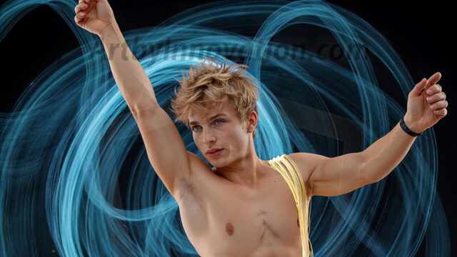 Abstract Male Art, AI photos of handsome shirtless men dancing with Light Rays, colorful art in motion. Guys dancing with radiant light rays that wrap around his body in flowing patterns, emphasizing his movements and adding a sense of ethereal fluidity. The designs appear weightless and almost sculptural, creates a striking contrast against the backgrounds making him the center of a cosmic dance, with energy and elegance. AI-generated abstract art HD photos featuring handsome, sexy, shirtless, men, boys, lads, dancing with colorful light rays, dynamic, interactive. Combining elements of realism with surreal abstract qualities, showcasing the potential of AI in artistic expression.