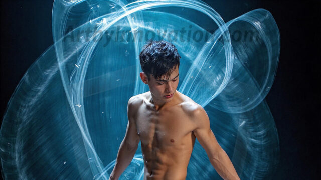 Abstract Male Art, AI photos of handsome shirtless men dancing with Light Rays, colorful art in motion. Guys dancing with radiant light rays that wrap around his body in flowing patterns, emphasizing his movements and adding a sense of ethereal fluidity. The designs appear weightless and almost sculptural, creates a striking contrast against the backgrounds making him the center of a cosmic dance, with energy and elegance. AI-generated abstract art HD photos featuring handsome, sexy, shirtless, men, boys, lads, dancing with colorful light rays, dynamic, interactive. Combining elements of realism with surreal abstract qualities, showcasing the potential of AI in artistic expression.