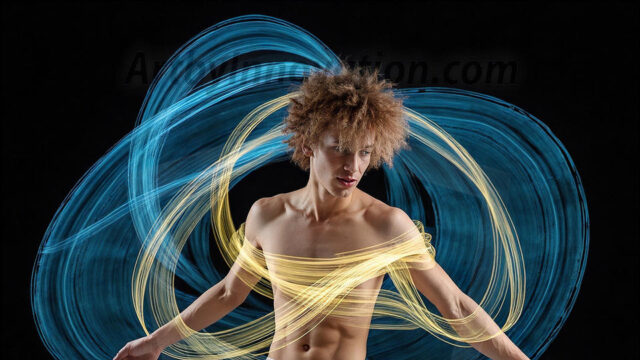 Abstract Male Art, AI photos of handsome shirtless men dancing with Light Rays, colorful art in motion. Guys dancing with radiant light rays that wrap around his body in flowing patterns, emphasizing his movements and adding a sense of ethereal fluidity. The designs appear weightless and almost sculptural, creates a striking contrast against the backgrounds making him the center of a cosmic dance, with energy and elegance. AI-generated abstract art HD photos featuring handsome, sexy, shirtless, men, boys, lads, dancing with colorful light rays, dynamic, interactive. Combining elements of realism with surreal abstract qualities, showcasing the potential of AI in artistic expression.