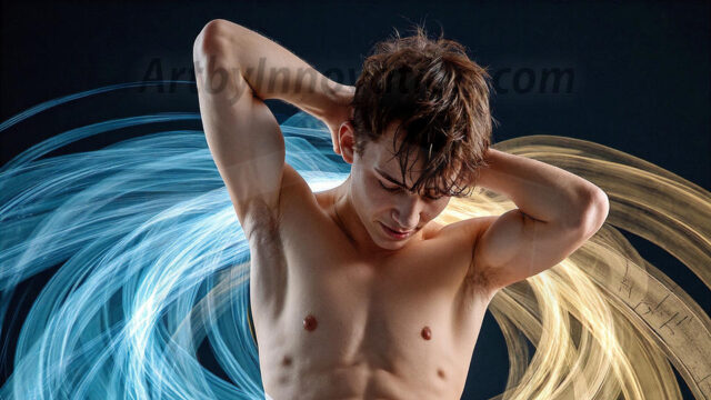Abstract Male Art, AI photos of handsome shirtless men dancing with Light Rays, colorful art in motion. Guys dancing with radiant light rays that wrap around his body in flowing patterns, emphasizing his movements and adding a sense of ethereal fluidity. The designs appear weightless and almost sculptural, creates a striking contrast against the backgrounds making him the center of a cosmic dance, with energy and elegance. AI-generated abstract art HD photos featuring handsome, sexy, shirtless, men, boys, lads, dancing with colorful light rays, dynamic, interactive. Combining elements of realism with surreal abstract qualities, showcasing the potential of AI in artistic expression.
