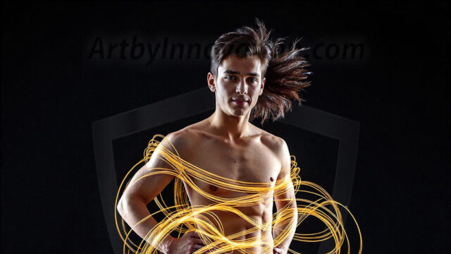 Abstract Male Art, AI photos of handsome shirtless men dancing with Light Rays, colorful art in motion. Guys dancing with radiant light rays that wrap around his body in flowing patterns, emphasizing his movements and adding a sense of ethereal fluidity. The designs appear weightless and almost sculptural, creates a striking contrast against the backgrounds making him the center of a cosmic dance, with energy and elegance. AI-generated abstract art HD photos featuring handsome, sexy, shirtless, men, boys, lads, dancing with colorful light rays, dynamic, interactive. Combining elements of realism with surreal abstract qualities, showcasing the potential of AI in artistic expression.