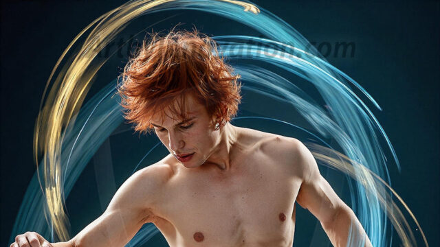 Abstract Male Art, AI photos of handsome shirtless men dancing with Light Rays, colorful art in motion. Guys dancing with radiant light rays that wrap around his body in flowing patterns, emphasizing his movements and adding a sense of ethereal fluidity. The designs appear weightless and almost sculptural, creates a striking contrast against the backgrounds making him the center of a cosmic dance, with energy and elegance. AI-generated abstract art HD photos featuring handsome, sexy, shirtless, men, boys, lads, dancing with colorful light rays, dynamic, interactive. Combining elements of realism with surreal abstract qualities, showcasing the potential of AI in artistic expression.