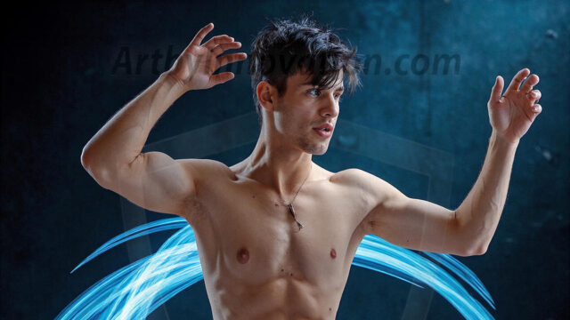 Abstract Male Art, AI photos of handsome shirtless men dancing with Light Rays, colorful art in motion. Guys dancing with radiant light rays that wrap around his body in flowing patterns, emphasizing his movements and adding a sense of ethereal fluidity. The designs appear weightless and almost sculptural, creates a striking contrast against the backgrounds making him the center of a cosmic dance, with energy and elegance. AI-generated abstract art HD photos featuring handsome, sexy, shirtless, men, boys, lads, dancing with colorful light rays, dynamic, interactive. Combining elements of realism with surreal abstract qualities, showcasing the potential of AI in artistic expression.
