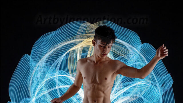 Abstract Male Art, AI photos of handsome shirtless men dancing with Light Rays, colorful art in motion. Guys dancing with radiant light rays that wrap around his body in flowing patterns, emphasizing his movements and adding a sense of ethereal fluidity. The designs appear weightless and almost sculptural, creates a striking contrast against the backgrounds making him the center of a cosmic dance, with energy and elegance. AI-generated abstract art HD photos featuring handsome, sexy, shirtless, men, boys, lads, dancing with colorful light rays, dynamic, interactive. Combining elements of realism with surreal abstract qualities, showcasing the potential of AI in artistic expression.