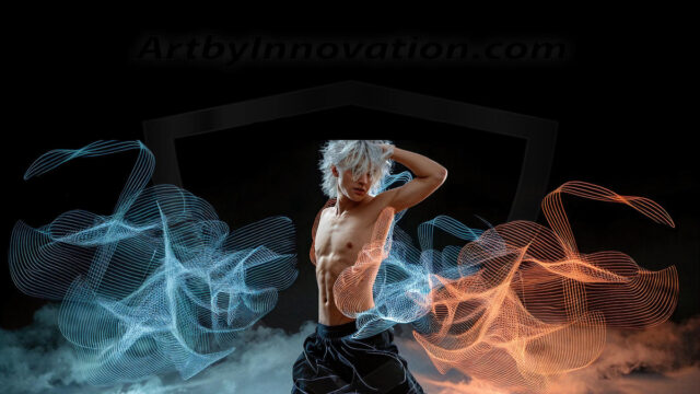 Abstract Male Art, AI photos of handsome shirtless men dancing with Light Rays, colorful art in motion. Guys dancing with radiant light rays that wrap around his body in flowing patterns, emphasizing his movements and adding a sense of ethereal fluidity. The designs appear weightless and almost sculptural, creates a striking contrast against the backgrounds making him the center of a cosmic dance, with energy and elegance. AI-generated abstract art HD photos featuring handsome, sexy, shirtless, men, boys, lads, dancing with colorful light rays, dynamic, interactive. Combining elements of realism with surreal abstract qualities, showcasing the potential of AI in artistic expression.