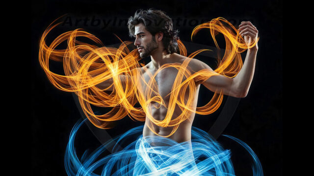 Abstract Male Art, AI photos of handsome shirtless men dancing with Light Rays, colorful art in motion. Guys dancing with radiant light rays that wrap around his body in flowing patterns, emphasizing his movements and adding a sense of ethereal fluidity. The designs appear weightless and almost sculptural, creates a striking contrast against the backgrounds making him the center of a cosmic dance, with energy and elegance. AI-generated abstract art HD photos featuring handsome, sexy, shirtless, men, boys, lads, dancing with colorful light rays, dynamic, interactive. Combining elements of realism with surreal abstract qualities, showcasing the potential of AI in artistic expression.