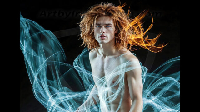 Abstract Male Art, AI photos of handsome shirtless men dancing with Light Rays, colorful art in motion. Guys dancing with radiant light rays that wrap around his body in flowing patterns, emphasizing his movements and adding a sense of ethereal fluidity. The designs appear weightless and almost sculptural, creates a striking contrast against the backgrounds making him the center of a cosmic dance, with energy and elegance. AI-generated abstract art HD photos featuring handsome, sexy, shirtless, men, boys, lads, dancing with colorful light rays, dynamic, interactive. Combining elements of realism with surreal abstract qualities, showcasing the potential of AI in artistic expression.
