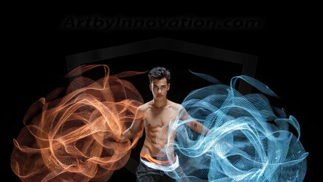 Abstract Male Art, AI photos of handsome shirtless men dancing with Light Rays, colorful art in motion. Guys dancing with radiant light rays that wrap around his body in flowing patterns, emphasizing his movements and adding a sense of ethereal fluidity. The designs appear weightless and almost sculptural, creates a striking contrast against the backgrounds making him the center of a cosmic dance, with energy and elegance. AI-generated abstract art HD photos featuring handsome, sexy, shirtless, men, boys, lads, dancing with colorful light rays, dynamic, interactive. Combining elements of realism with surreal abstract qualities, showcasing the potential of AI in artistic expression.