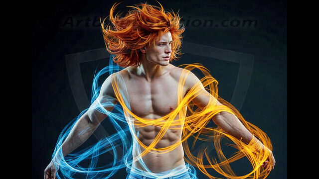 Abstract Male Art, AI photos of handsome shirtless men dancing with Light Rays, colorful art in motion. Guys dancing with radiant light rays that wrap around his body in flowing patterns, emphasizing his movements and adding a sense of ethereal fluidity. The designs appear weightless and almost sculptural, creates a striking contrast against the backgrounds making him the center of a cosmic dance, with energy and elegance. AI-generated abstract art HD photos featuring handsome, sexy, shirtless, men, boys, lads, dancing with colorful light rays, dynamic, interactive. Combining elements of realism with surreal abstract qualities, showcasing the potential of AI in artistic expression.
