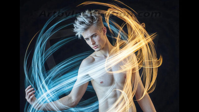 Abstract Male Art, AI photos of handsome shirtless men dancing with Light Rays, colorful art in motion. Guys dancing with radiant light rays that wrap around his body in flowing patterns, emphasizing his movements and adding a sense of ethereal fluidity. The designs appear weightless and almost sculptural, creates a striking contrast against the backgrounds making him the center of a cosmic dance, with energy and elegance. AI-generated abstract art HD photos featuring handsome, sexy, shirtless, men, boys, lads, dancing with colorful light rays, dynamic, interactive. Combining elements of realism with surreal abstract qualities, showcasing the potential of AI in artistic expression.