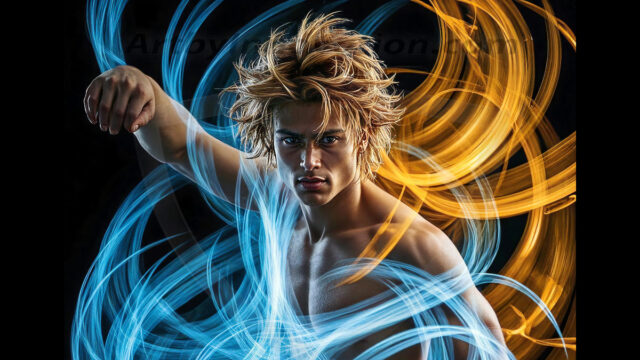 Abstract Male Art, AI photos of handsome shirtless men dancing with Light Rays, colorful art in motion. Guys dancing with radiant light rays that wrap around his body in flowing patterns, emphasizing his movements and adding a sense of ethereal fluidity. The designs appear weightless and almost sculptural, creates a striking contrast against the backgrounds making him the center of a cosmic dance, with energy and elegance. AI-generated abstract art HD photos featuring handsome, sexy, shirtless, men, boys, lads, dancing with colorful light rays, dynamic, interactive. Combining elements of realism with surreal abstract qualities, showcasing the potential of AI in artistic expression.