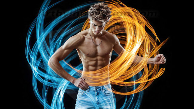 Abstract Male Art, AI photos of handsome shirtless men dancing with Light Rays, colorful art in motion. Guys dancing with radiant light rays that wrap around his body in flowing patterns, emphasizing his movements and adding a sense of ethereal fluidity. The designs appear weightless and almost sculptural, creates a striking contrast against the backgrounds making him the center of a cosmic dance, with energy and elegance. AI-generated abstract art HD photos featuring handsome, sexy, shirtless, men, boys, lads, dancing with colorful light rays, dynamic, interactive. Combining elements of realism with surreal abstract qualities, showcasing the potential of AI in artistic expression.